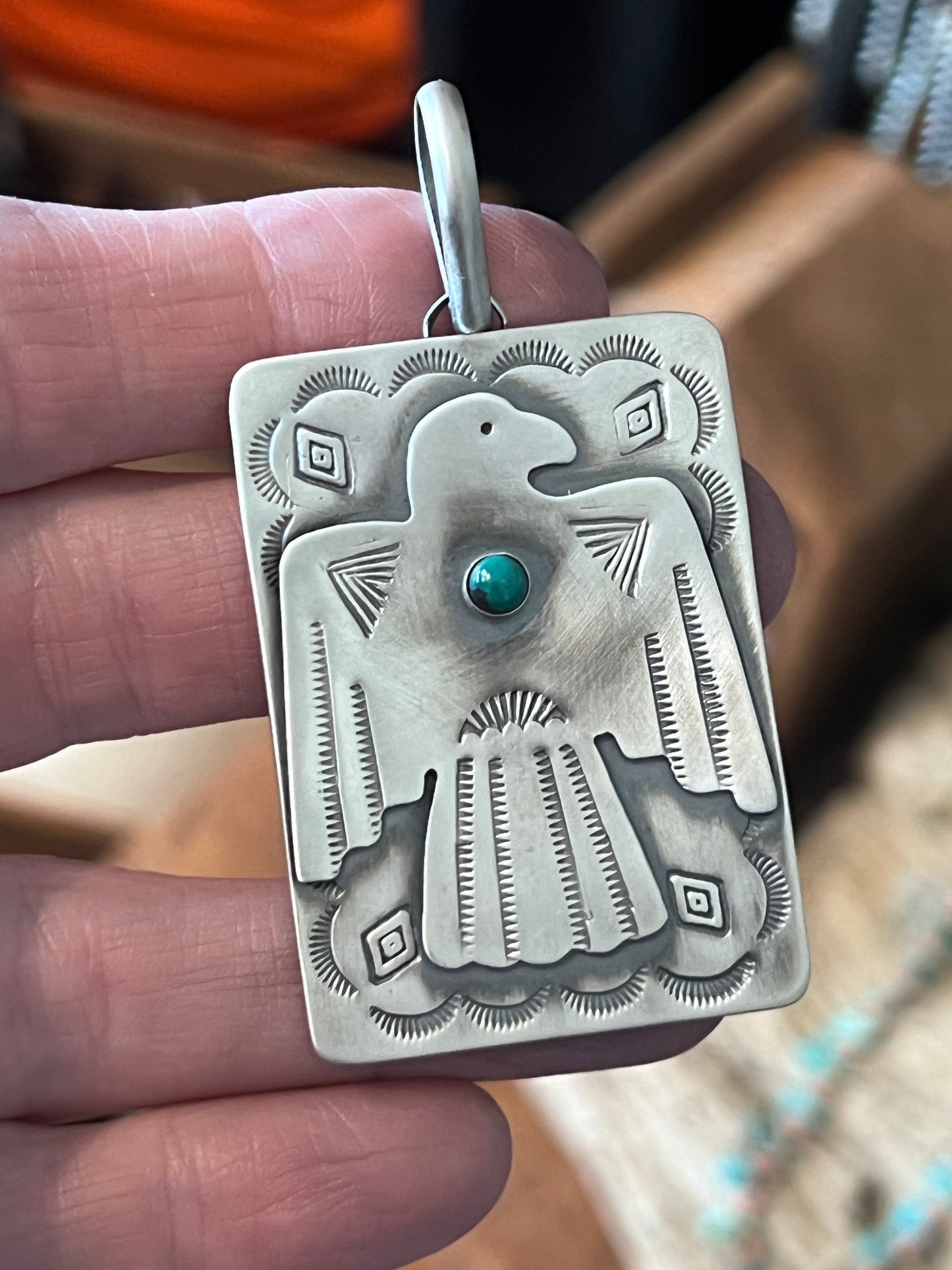 Hand Stamped Sterling Silver Fred Harvey Era Inspired Thunderbird Tag Pendant by Kimari Somers