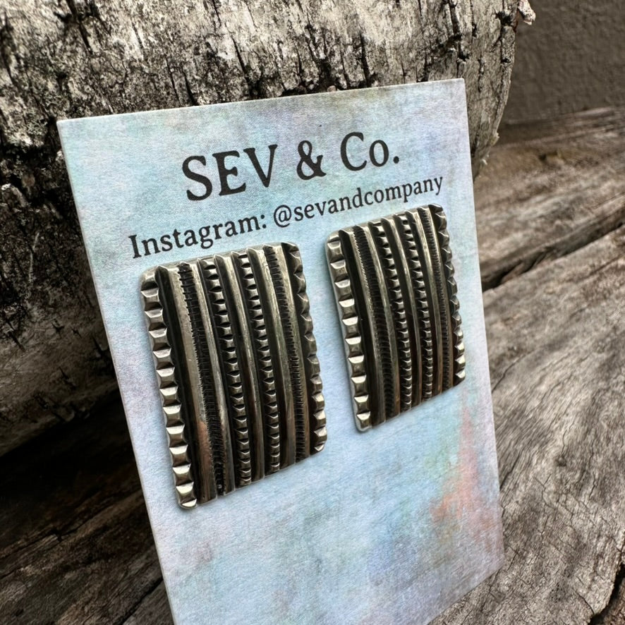 Native Made Sterling Silver Tufa Cast Rectangular Earrings by Harrison Jim