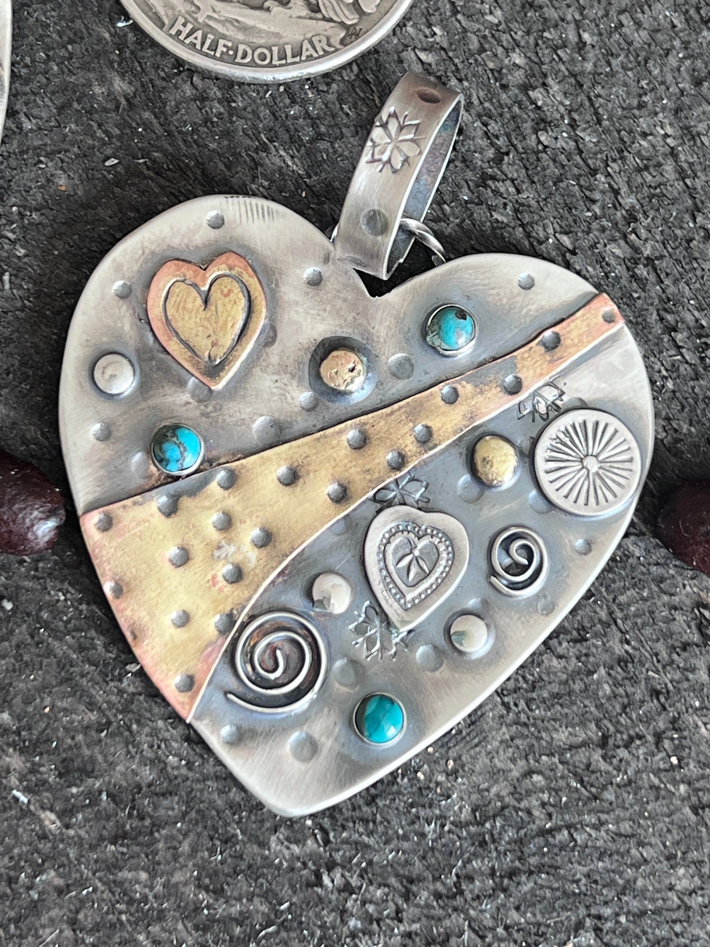 Hand Stamped Sterling Silver & Turquoise Heart Pendants w/ Brass Accents by Kimari Somers