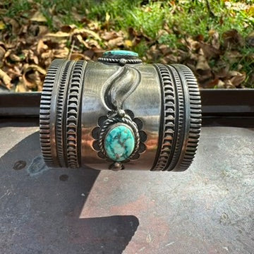 Navajo Made Sterling Silver Turquoise Wonder Woman Cuff Bracelet, Signed Albert Jake