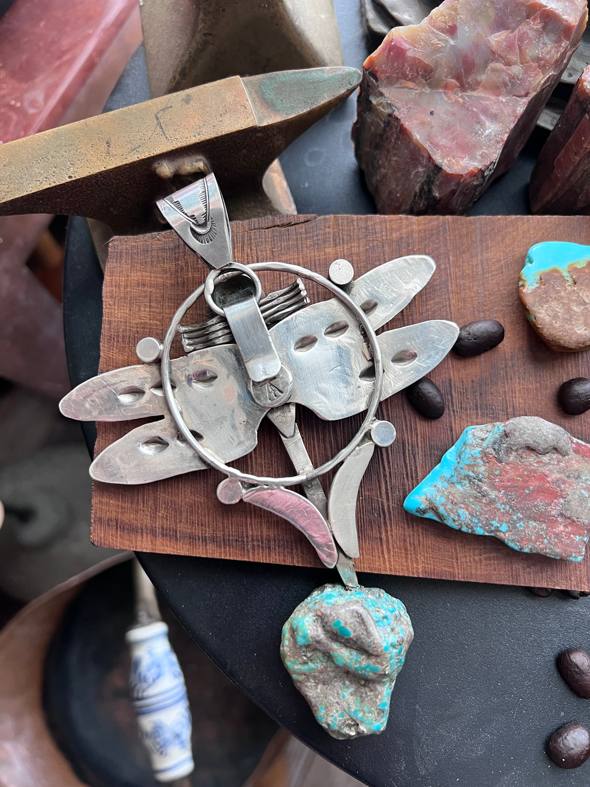 Handcrafted Sterling Silver, Azurite & Turquoise Dragonfly Pendant by Art Tafoya