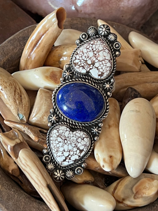 Rosella Paxson Triple Stone Sterling Silver Ring with Wild Horse Magnesite Hearts and Oval Lapis, Sz 8.5