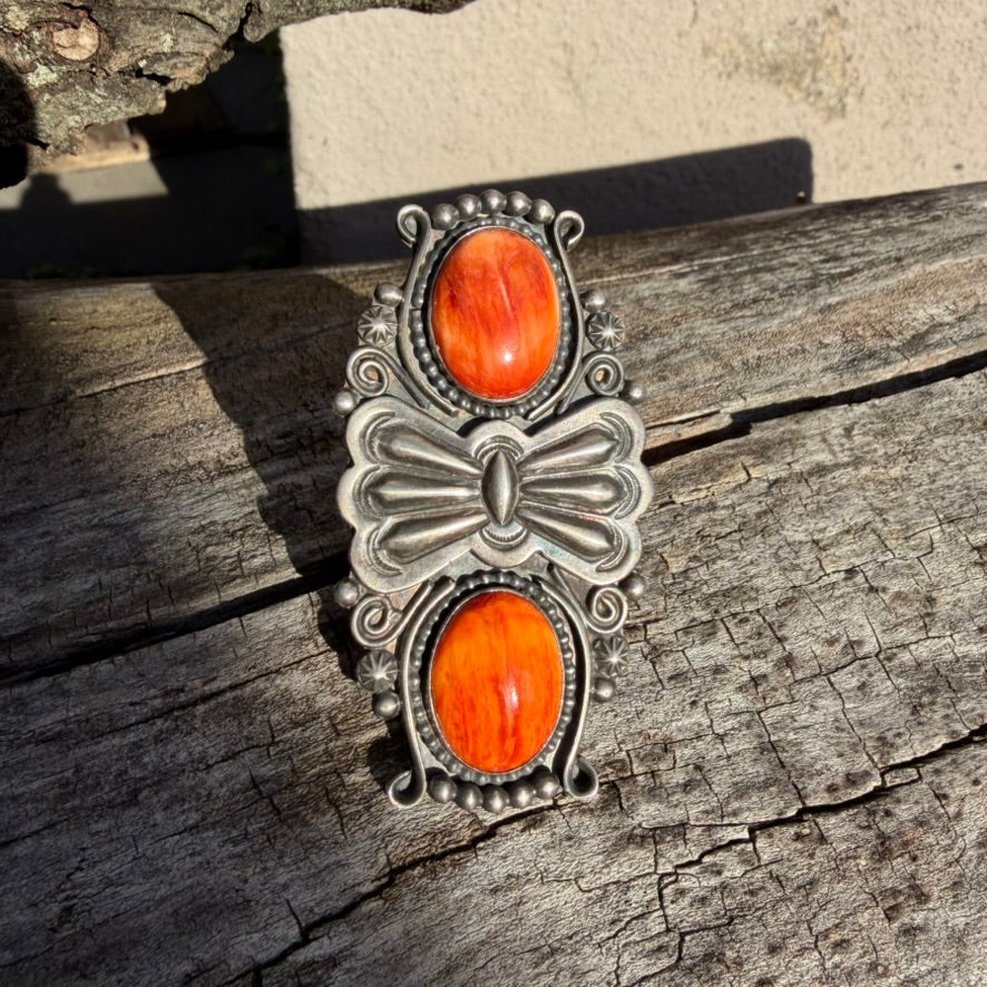 Apache Rosella Paxson Double Spiny Oyster and Sterling Silver Butterfly Concho Ring