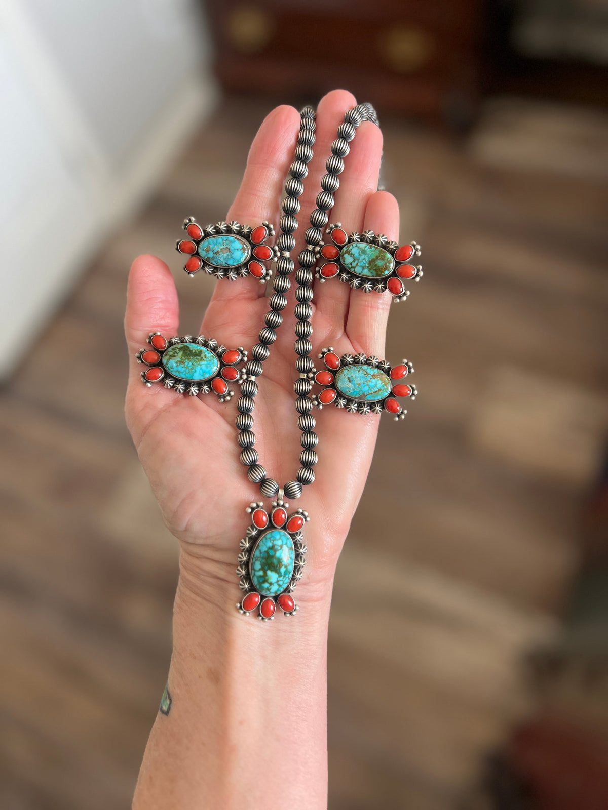 Taos Collection: Handcrafted Sterling Silver, Kingman Turquoise & Mediterranean Red Coral Necklace by Mark Yazzie
