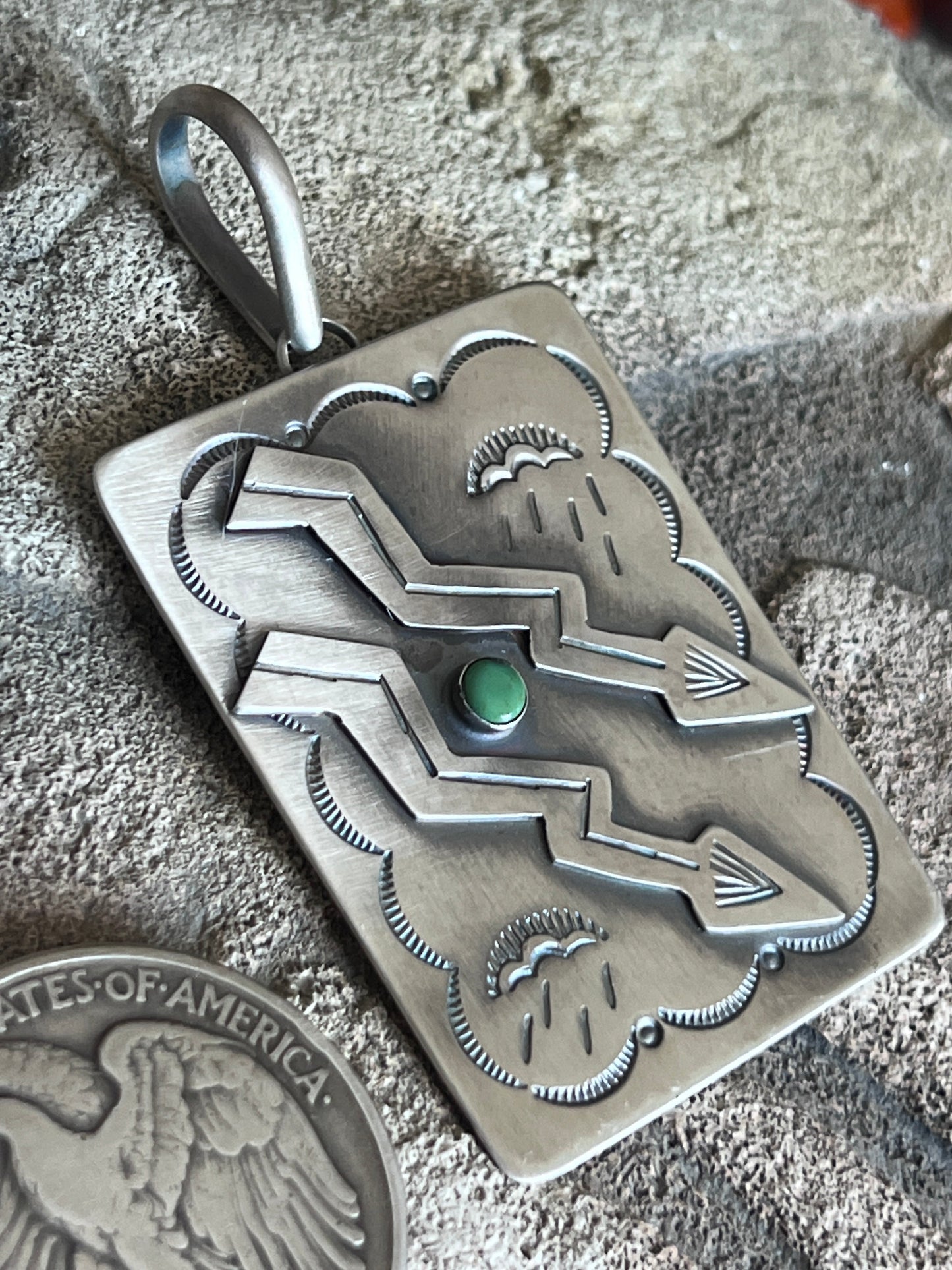 Hand Stamped Sterling Silver Fred Harvey Era Inspired Double Lightning Strike Tag Pendant by Kimari Somers