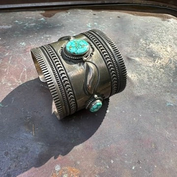 Navajo Made Sterling Silver Turquoise Wonder Woman Cuff Bracelet, Signed Albert Jake