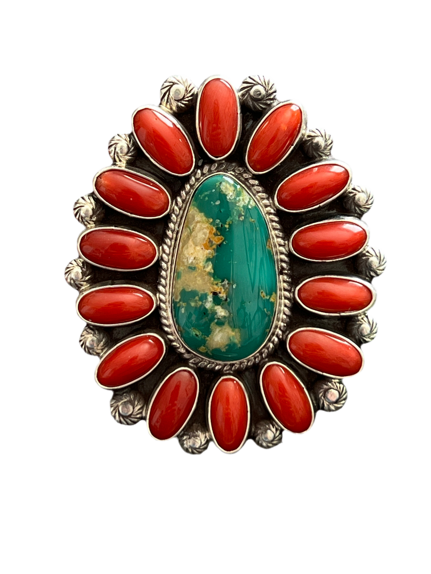 Navajo Sterling Silver, Royston Turquoise and Mediterranean Coral Cluster Ring by Tyler Brown, Adjustable