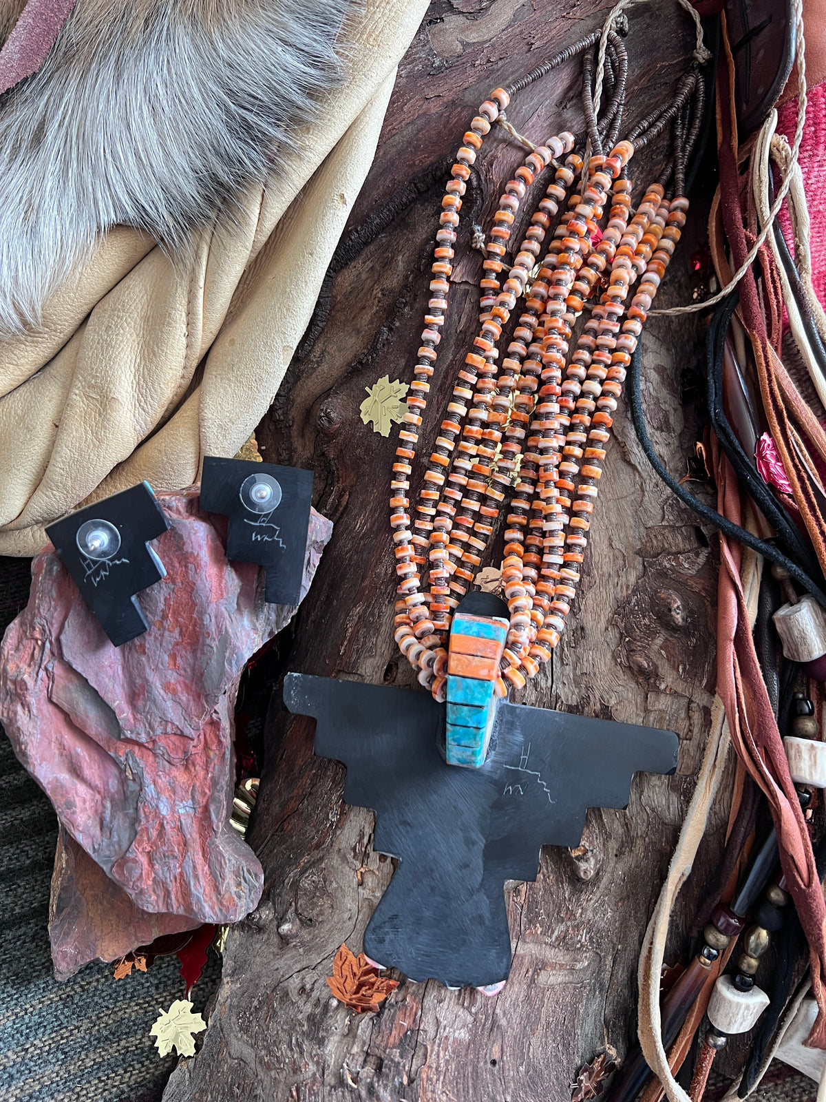 Warren Nieto Inlay Turquoise and Spiny Oyster Thunderbird  Necklace & Earrings Set