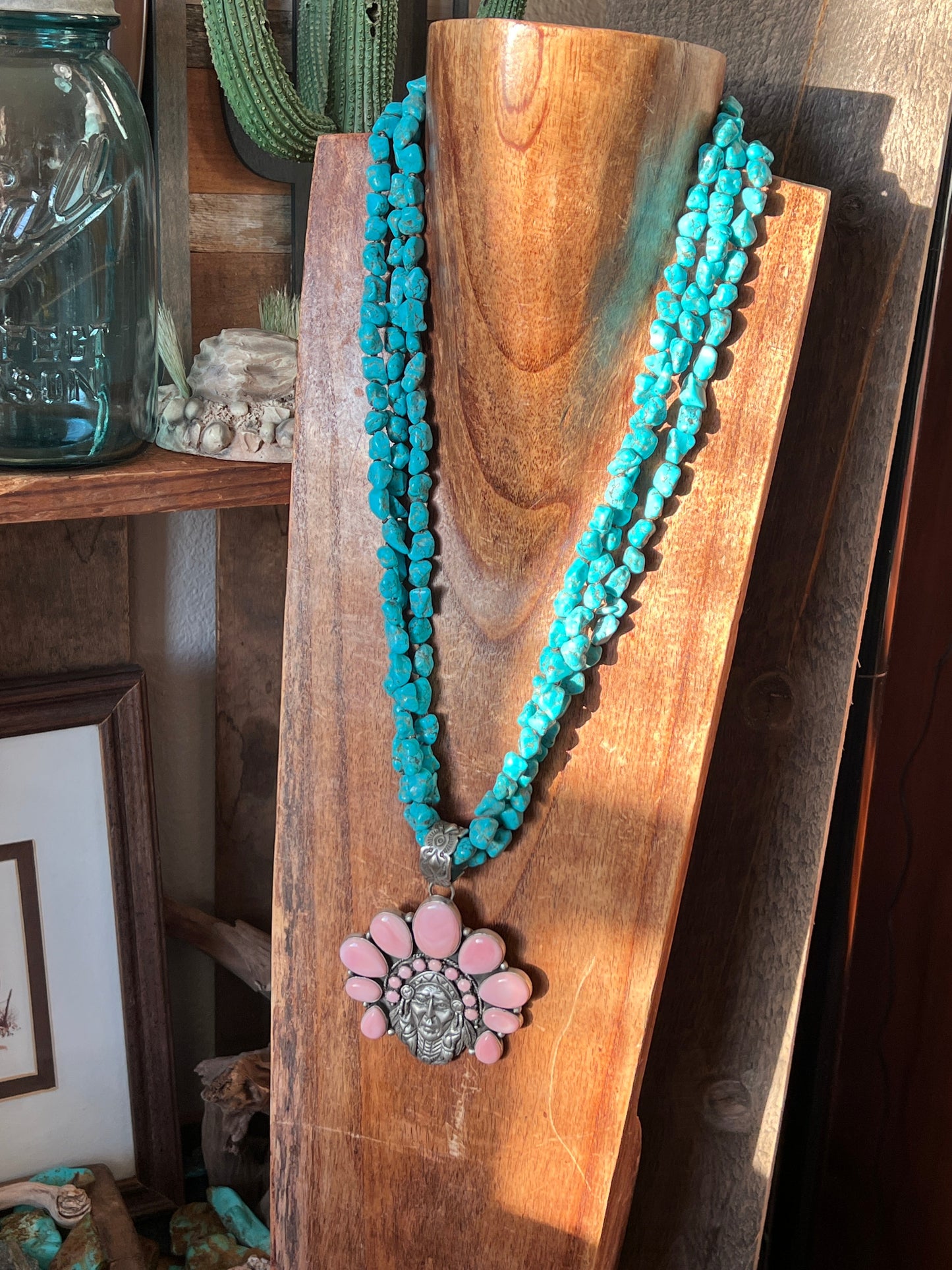 Navajo Sterling Silver Pink Conch Chief and Triple Strand Turquoise Nugget Bead Necklace by Patrick Yazzie