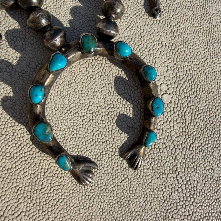 Vintage Sterling Silver and Turquoise Cross Squash Blossom Style Necklace Unsigned