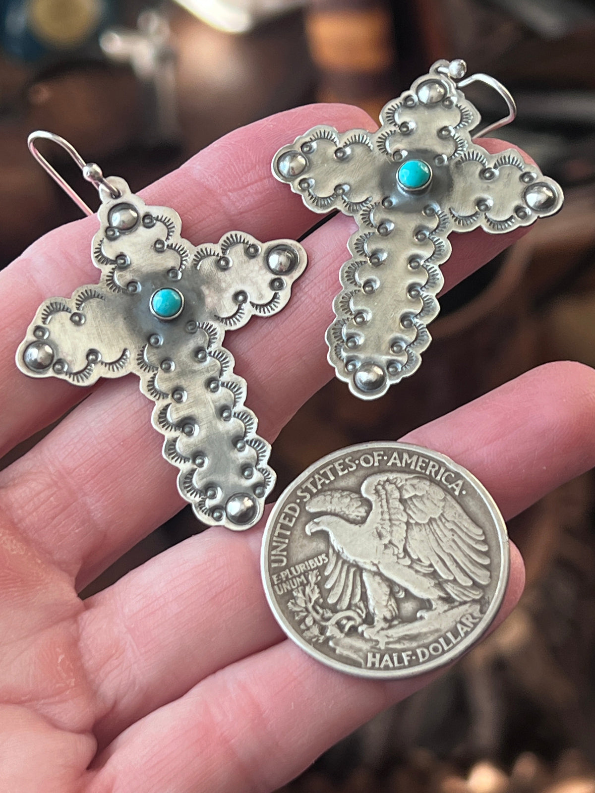 Hand Stamped Scalloped Sterling Silver Cross Dangle Earrings with Kingman Turquoise by Kimari Somers