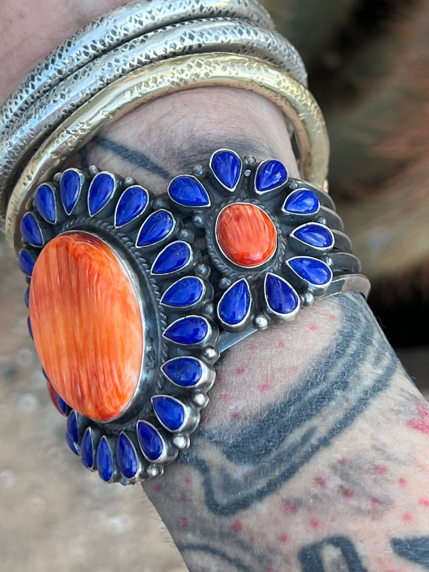 Glowing Anthony Skeets Lapis Lazuli and Orange Spiny Oyster Cluster Cuff Bracelet