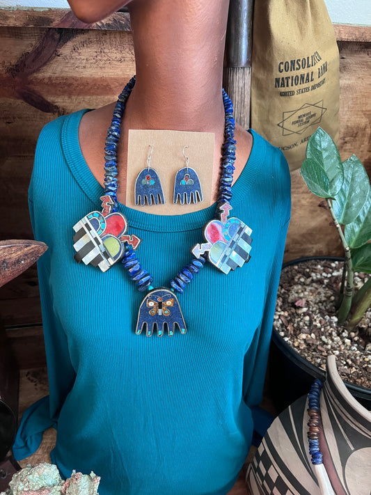 Warren Nieto Sterling Silver and Inlaid Stone Healing Hand and Monsoon Storm Cloud Necklace & Earrings Set