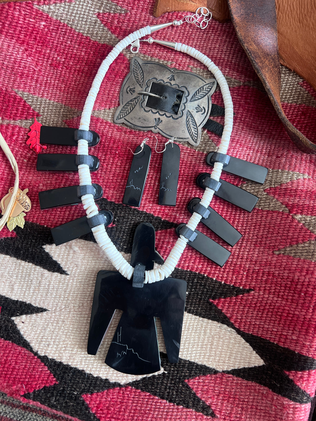 Warren Nieto Inlay Kingman Turquoise and Pipestone Thunderbird Tab Necklace & Earrings Set