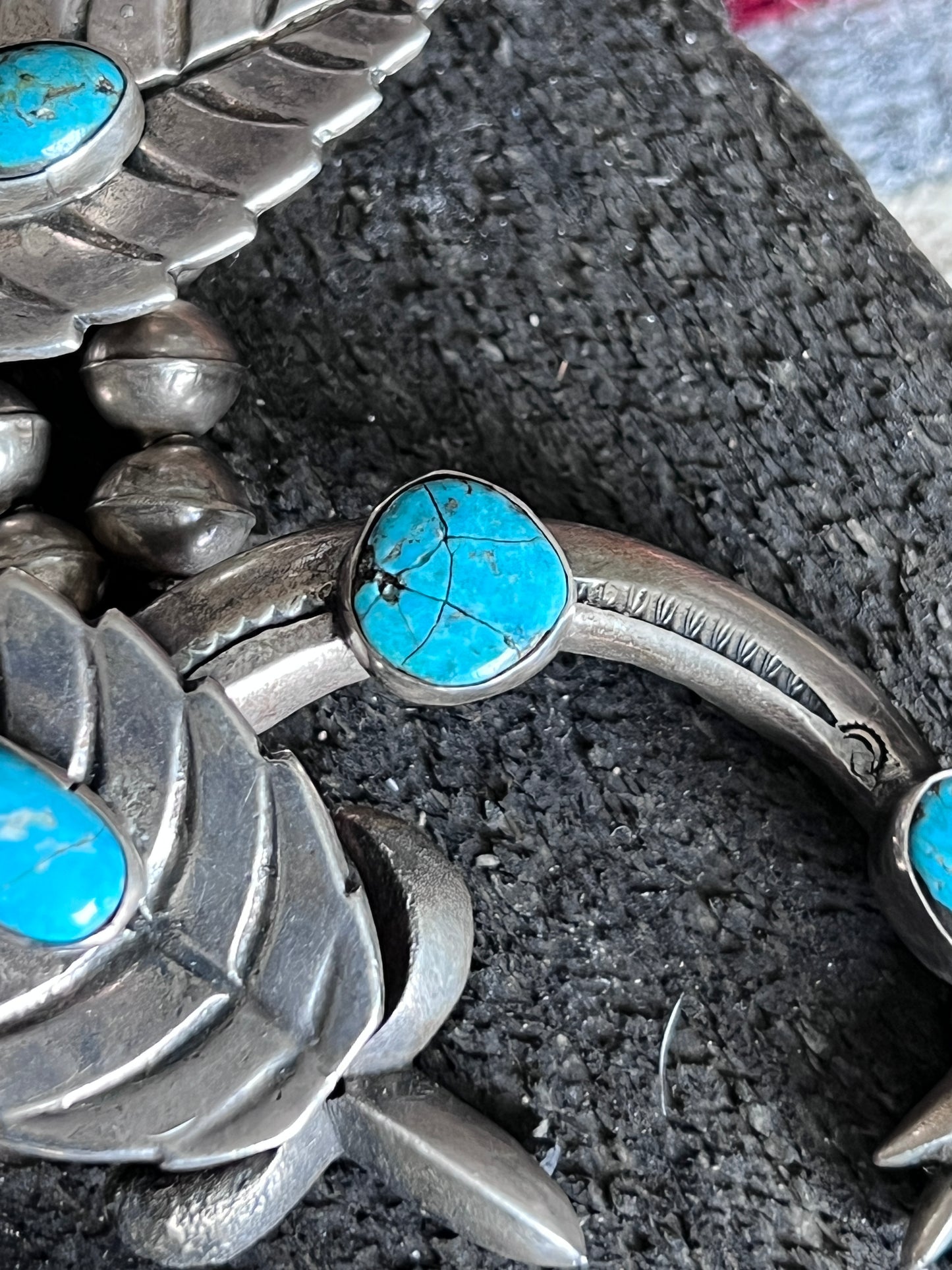 Vintage Unsigned Sterling Silver and Turquoise Squash Blossom with Leaf Motif