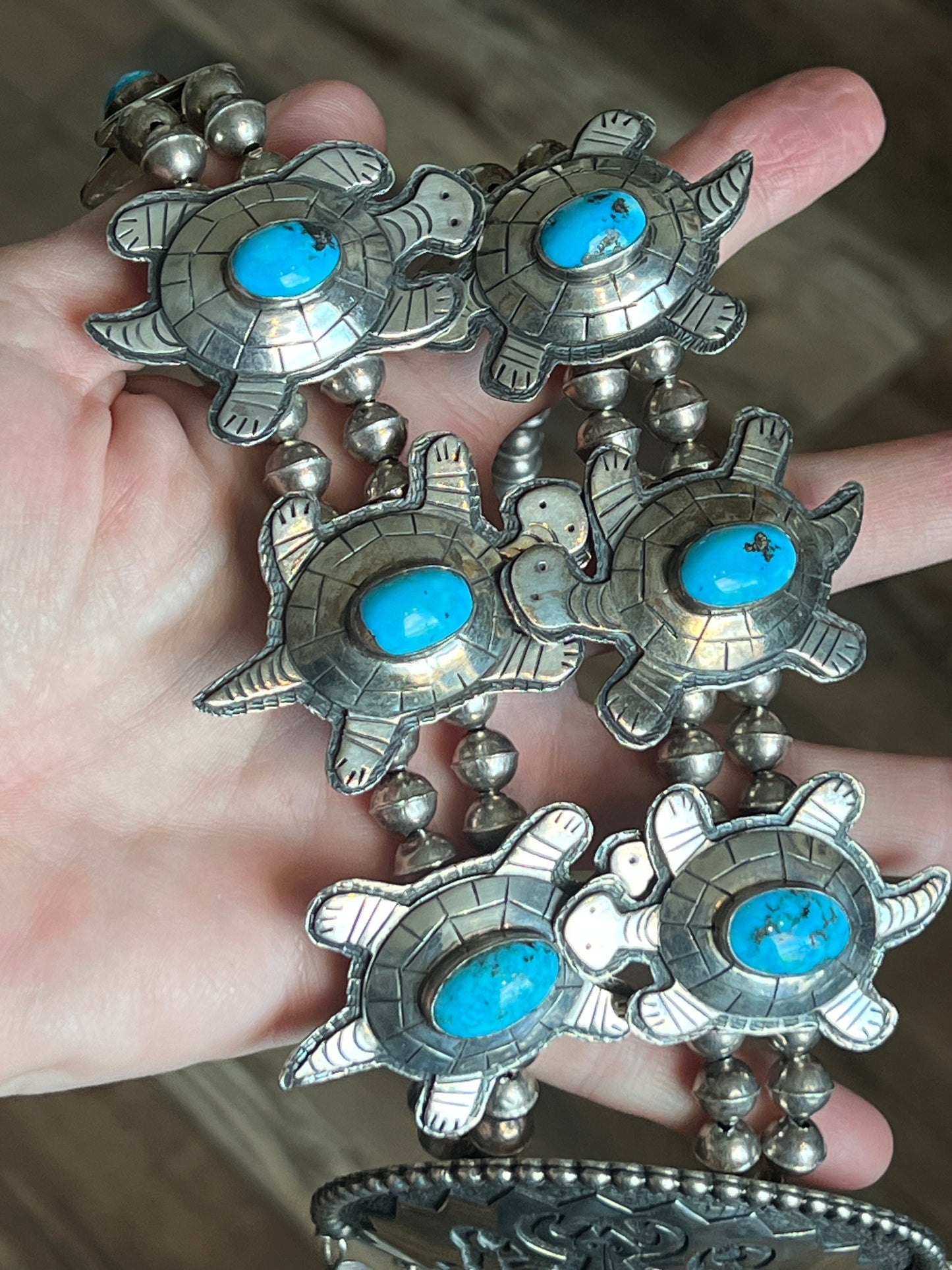 Vintage Sterling silver and Turquoise Turtle Themed Squash Blossom Style Necklace