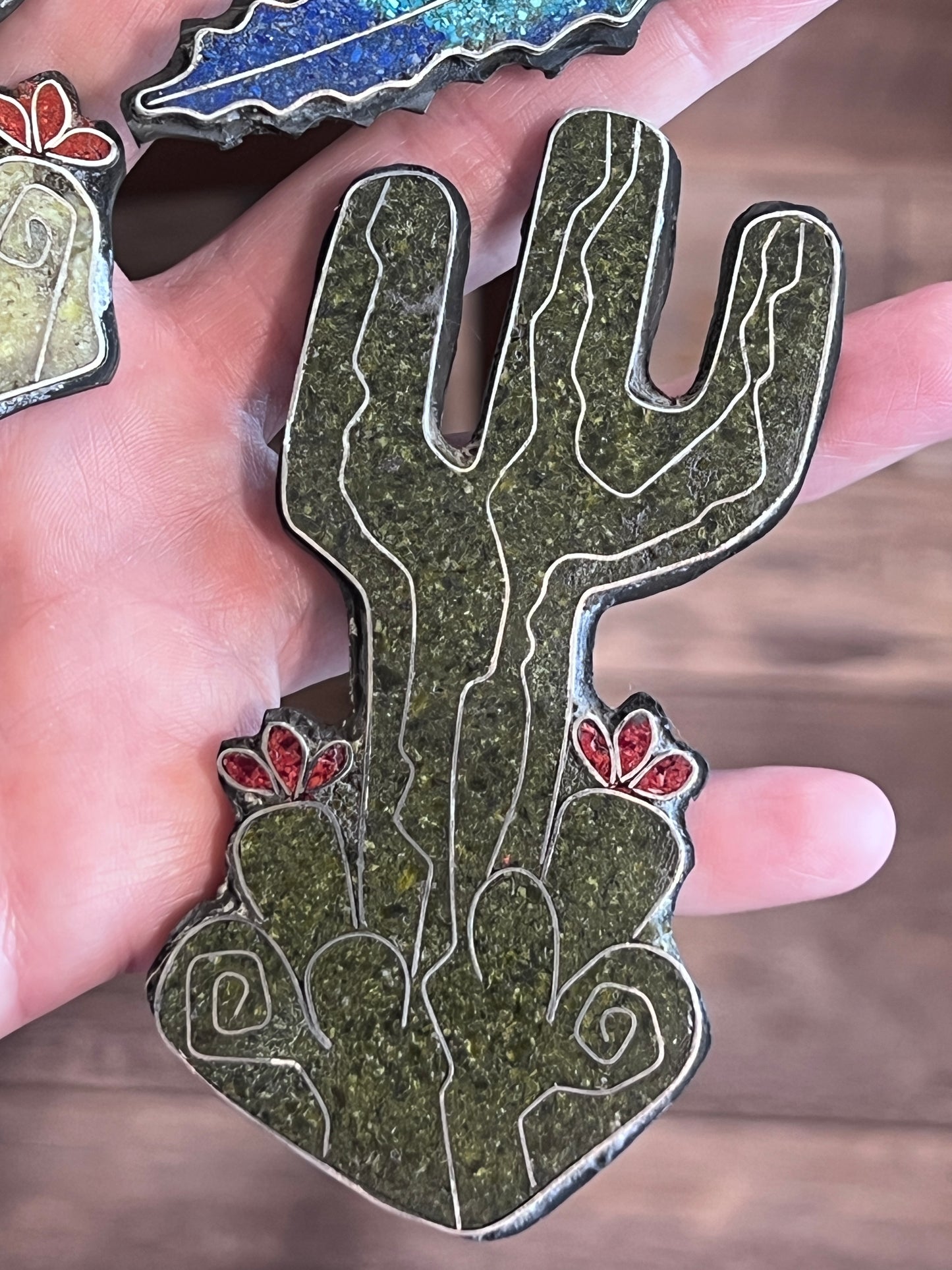 Warren Nieto Sterling Silver and Inlaid Stone Saguaro Cactus & Horned Toad Pendants