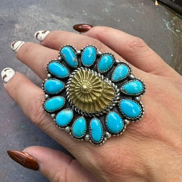 Navajo Sterling Silver and Turquoise Cluster Adjustable Ring by Ednei Yabeny