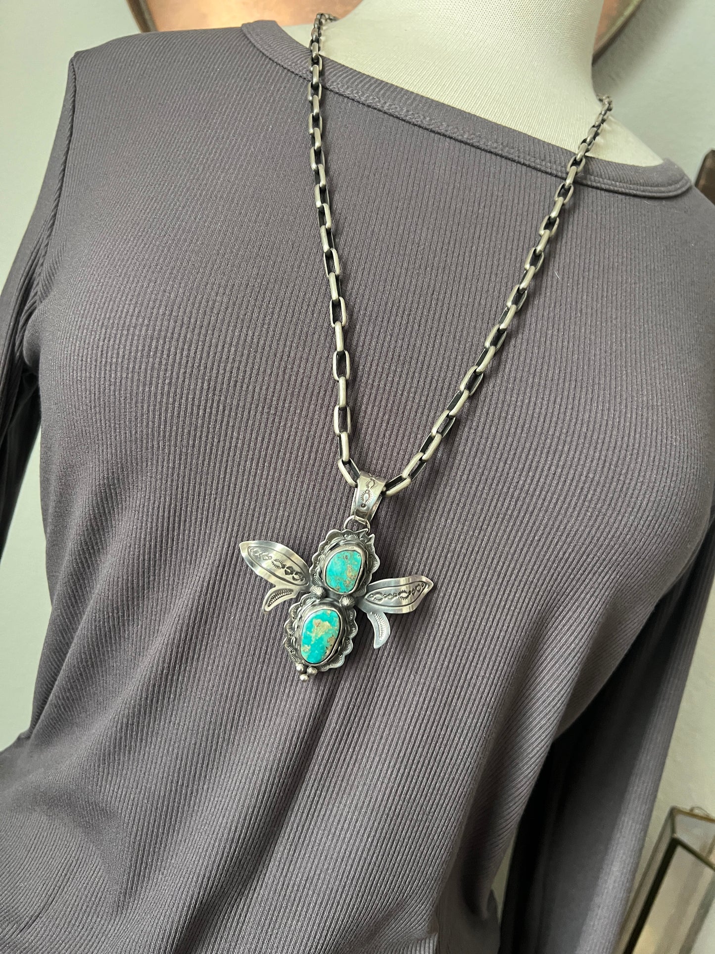 Sterling Silver and Turquoise Winged Bug Pendant by Kimari Somers