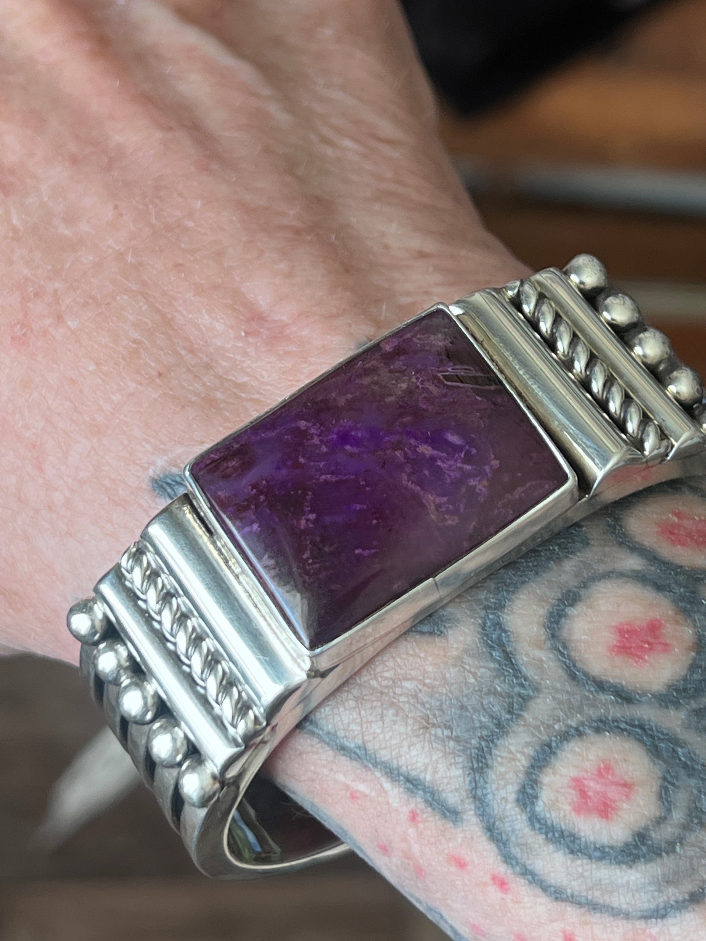 Hefty Sterling Silver and Sugilite Cuff Bracelet by Navajo Artist, Alfred Lee Sr.