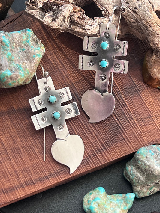 Hand Stamped Sterling Silver Dragonfly Cross Heart Dangle Earrings with Kingman Turquoise by Kimari Somers, Squared Bars