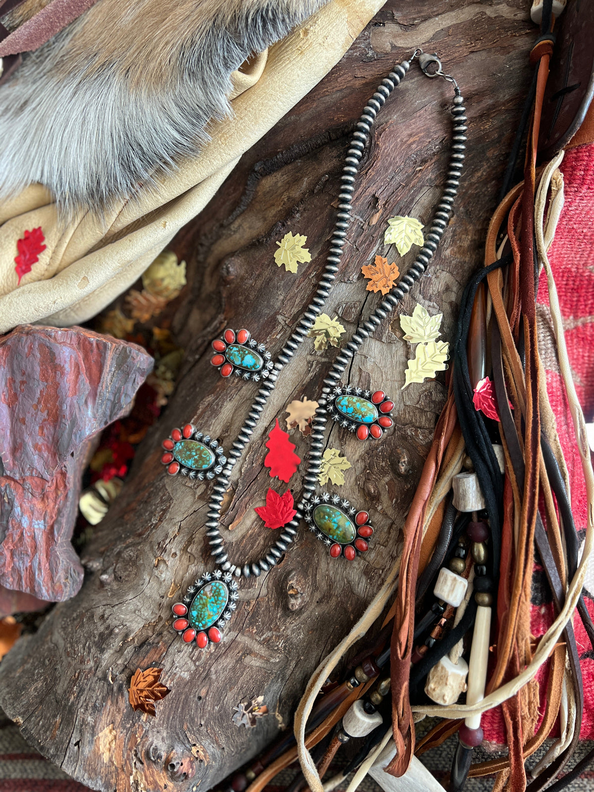 Taos Collection: Handcrafted Sterling Silver, Kingman Turquoise & Mediterranean Red Coral Beaded Necklace