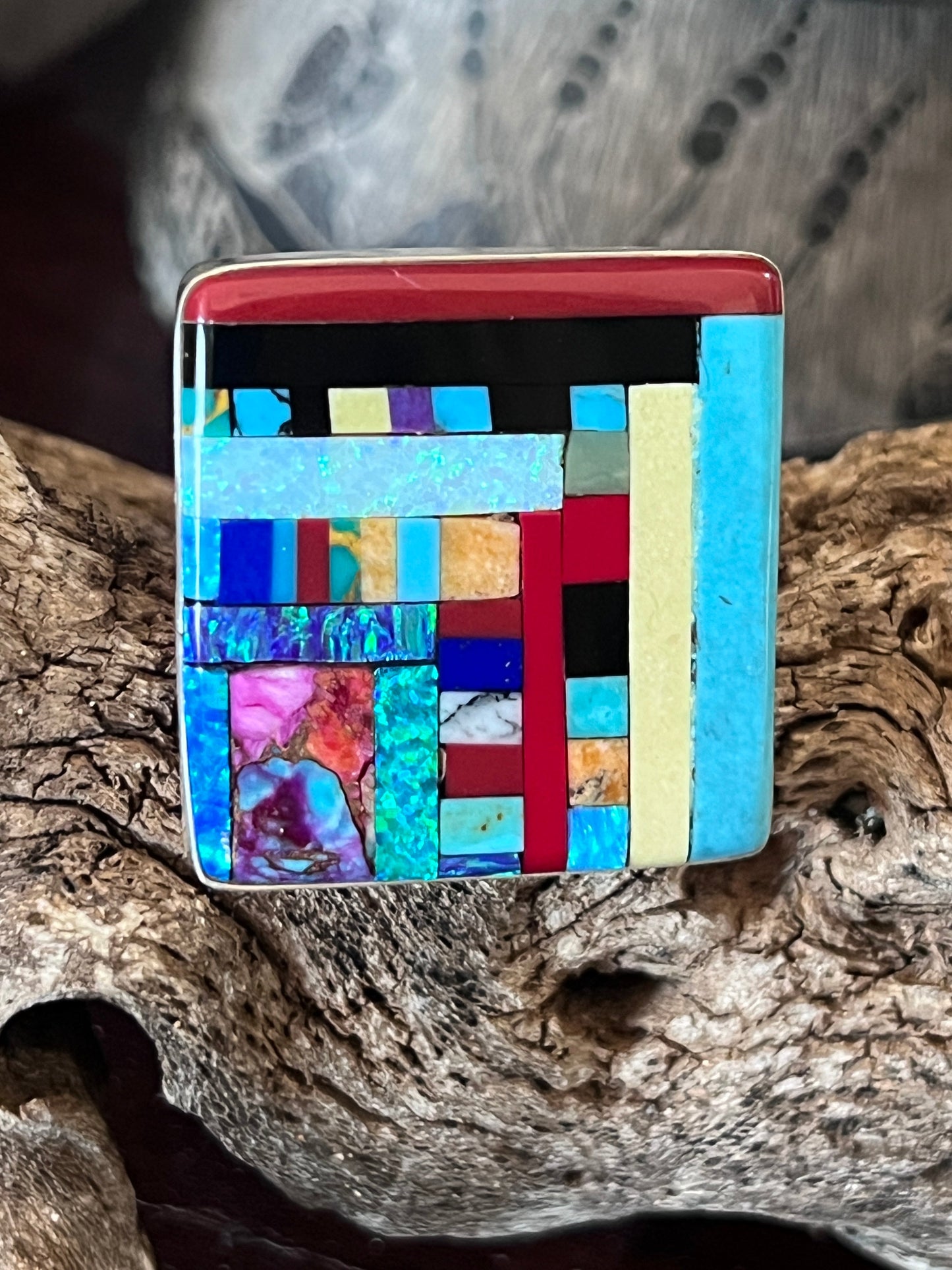 Ronald Chavez Electric Rainbow Sterling Silver Square Mosaic Multistone Ring, Size 10