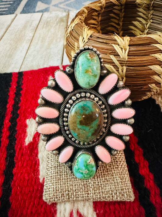 Navajo Sterling Silver, Queen Pink Conch & Turquoise Cluster Adjustable Ring by Hemerson Brown