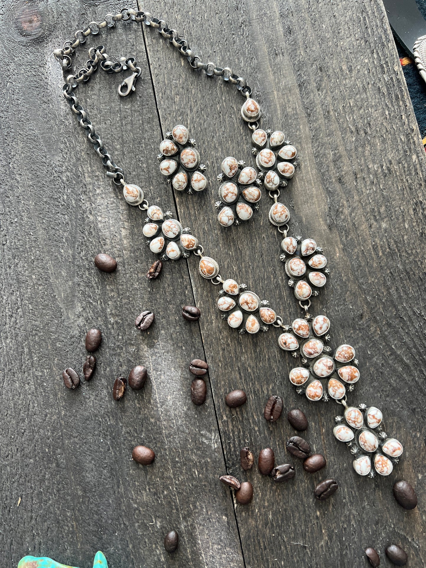 Navajo Sterling Silver and Wild Horse Cluster Necklace with Earrings, Signed D