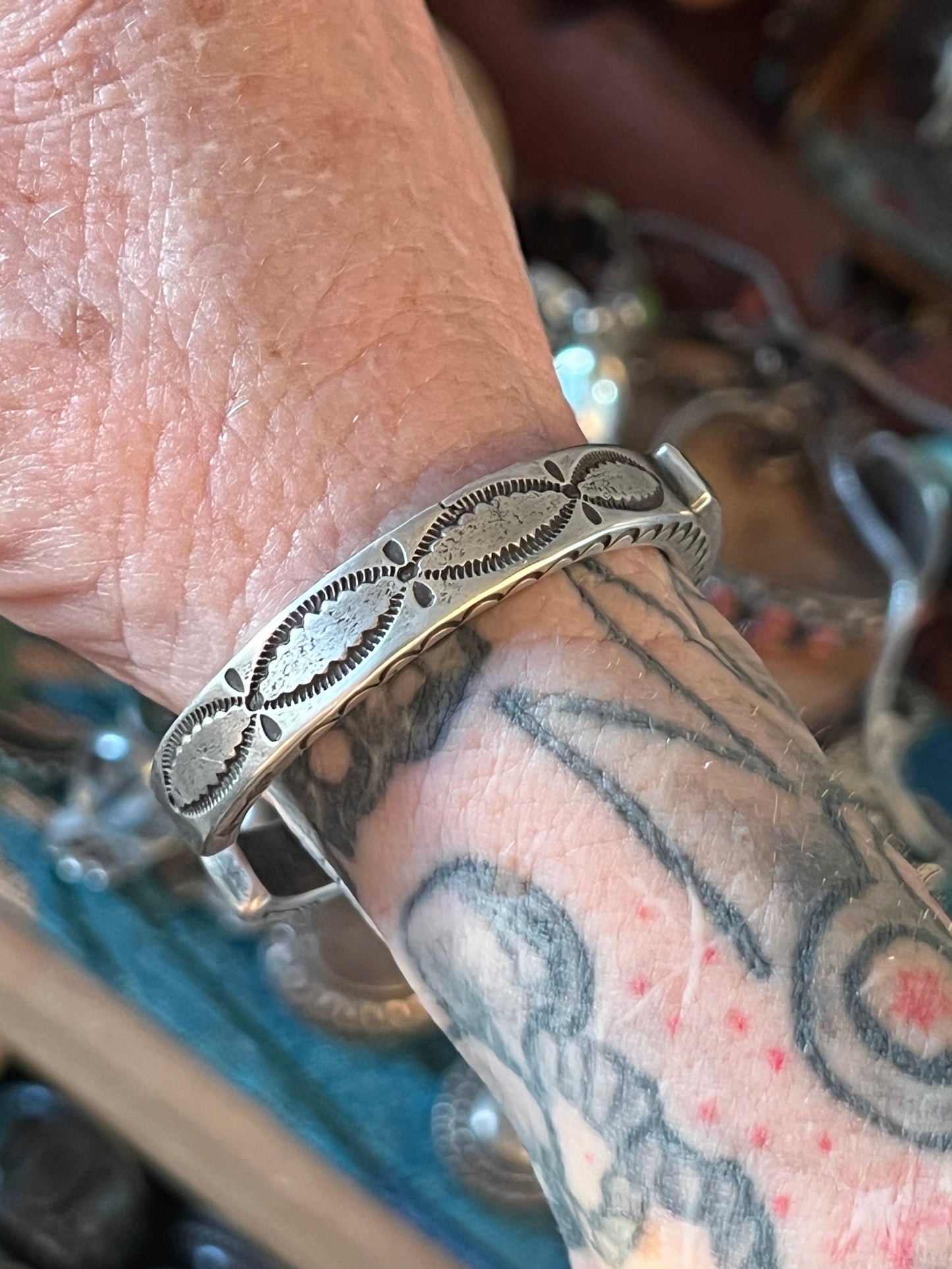 Falcon Trading Company Ingot Coin Silver and Fox Turquoise Inlay Cuff Bracelet by Joe O’Neill