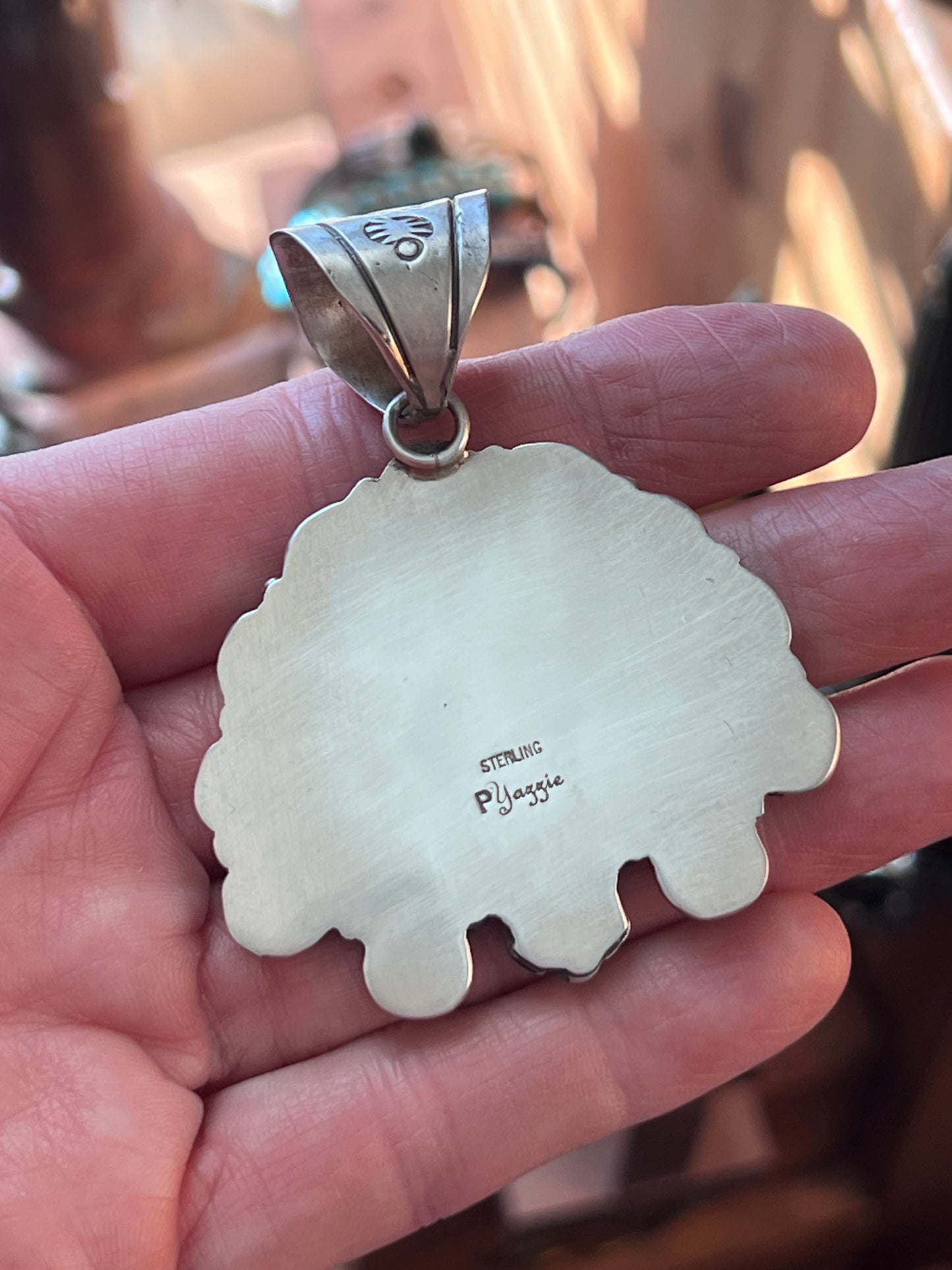 Sterling Silver Chief Pendant by Patrick Yazzie: Coral, Turquoise or Rainbow