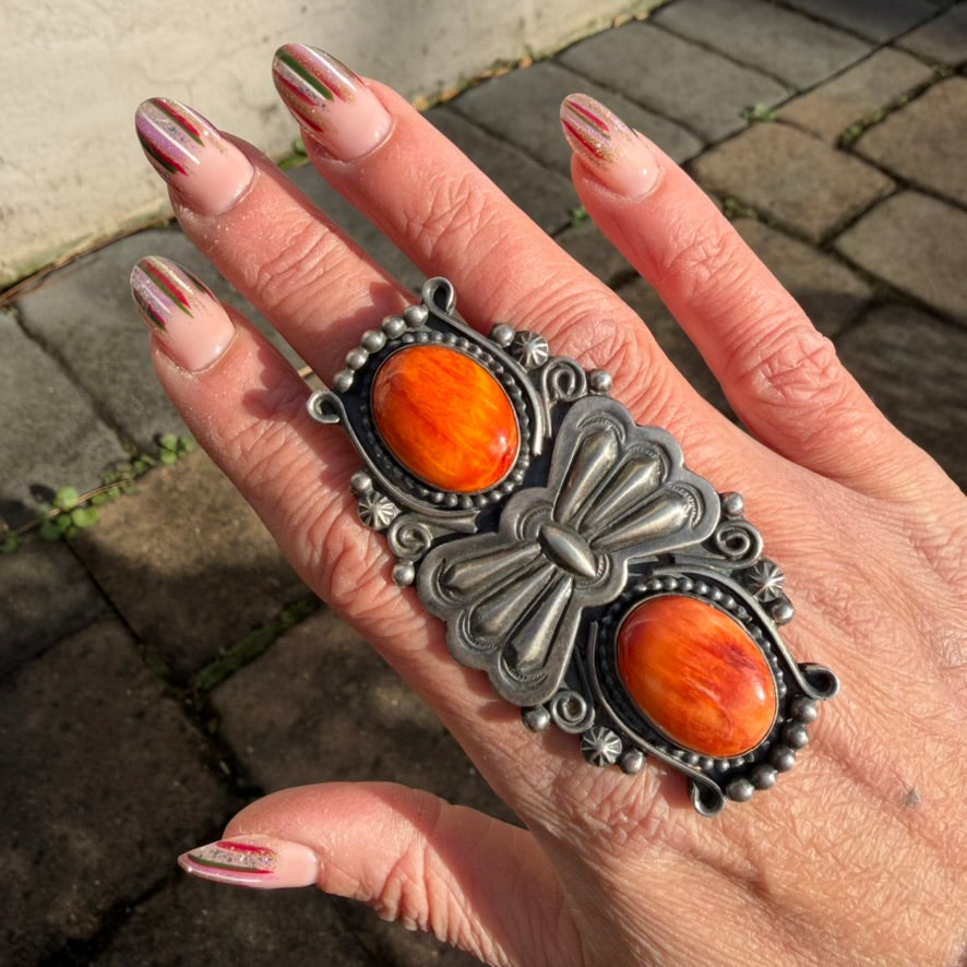 Apache Rosella Paxson Double Spiny Oyster and Sterling Silver Butterfly Concho Ring