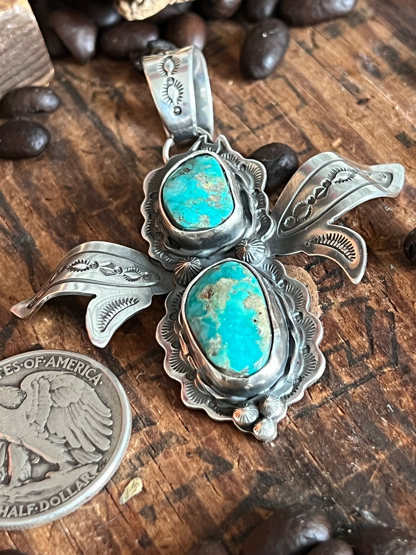 Sterling Silver and Turquoise Winged Bug Pendant by Kimari Somers