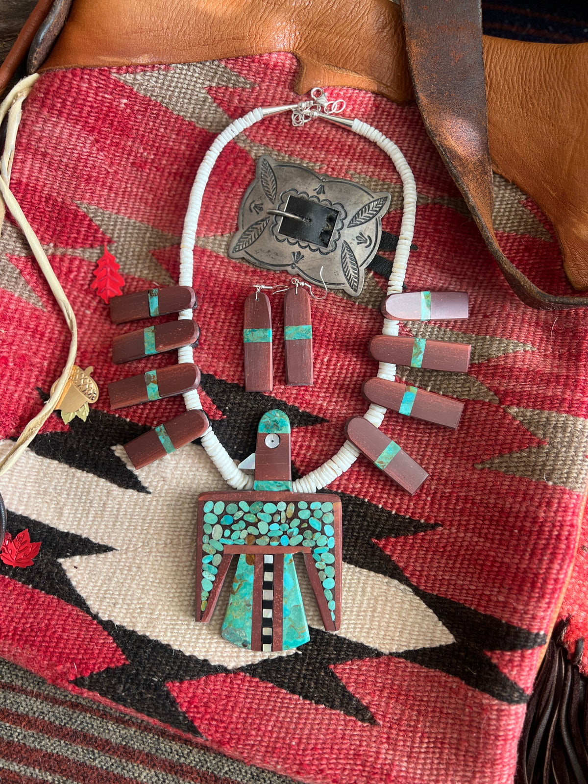 Warren Nieto Inlay Kingman Turquoise and Pipestone Thunderbird Tab Necklace & Earrings Set