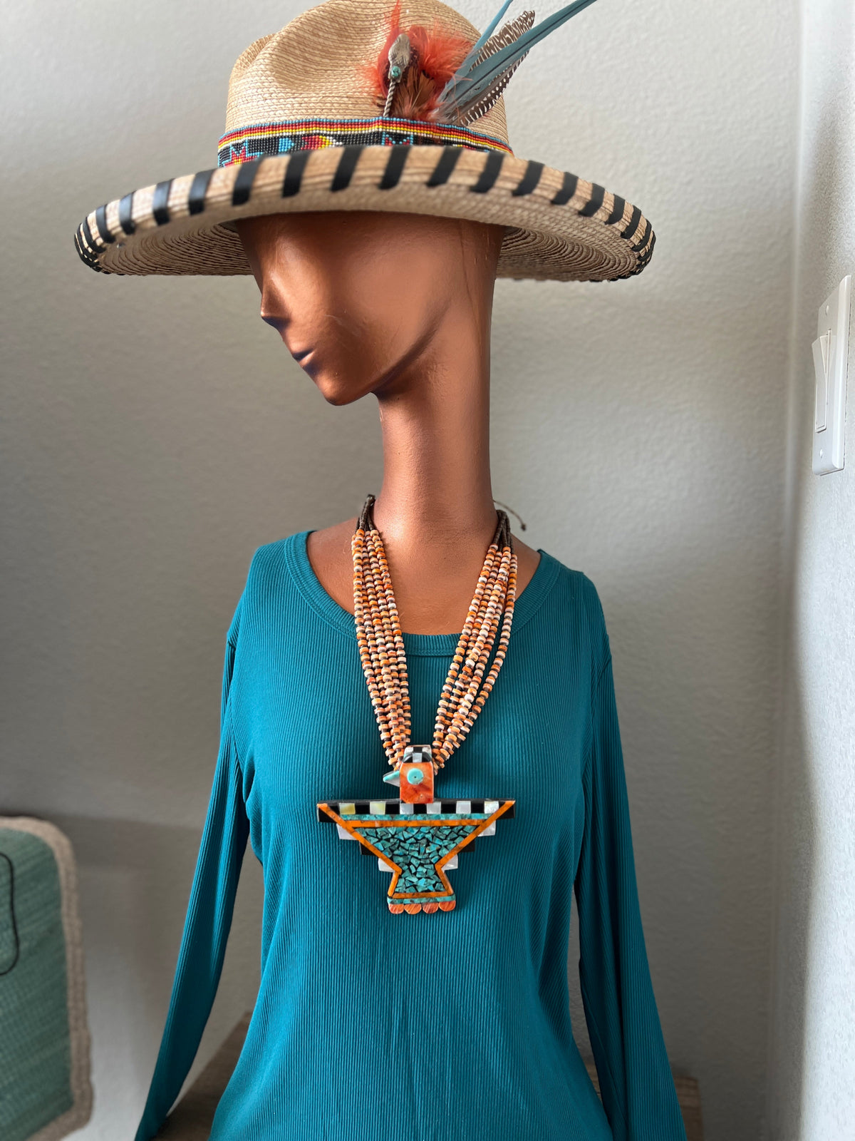 Warren Nieto Inlay Turquoise and Spiny Oyster Thunderbird  Necklace & Earrings Set