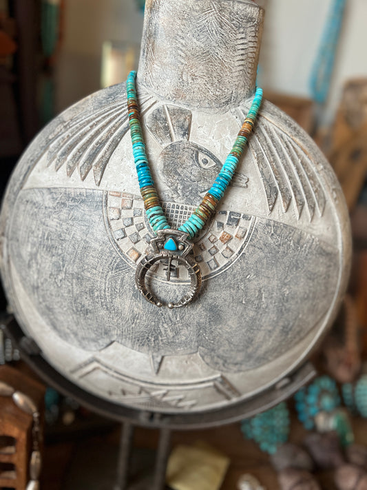 Delbert Arviso Tufa Cast Sterling Silver and Turquoise Naja w/ Beaded Necklace