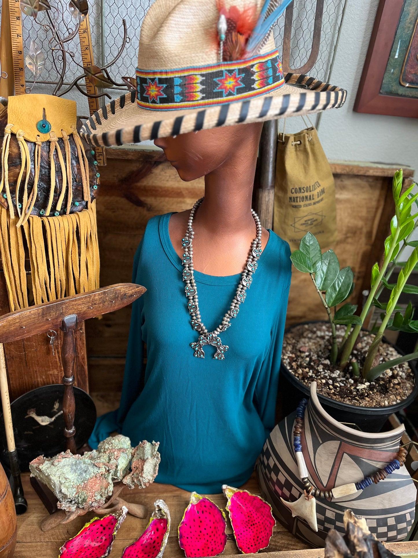 Vintage Unsigned Sterling Silver and Turquoise Squash Blossom, Zuni Style