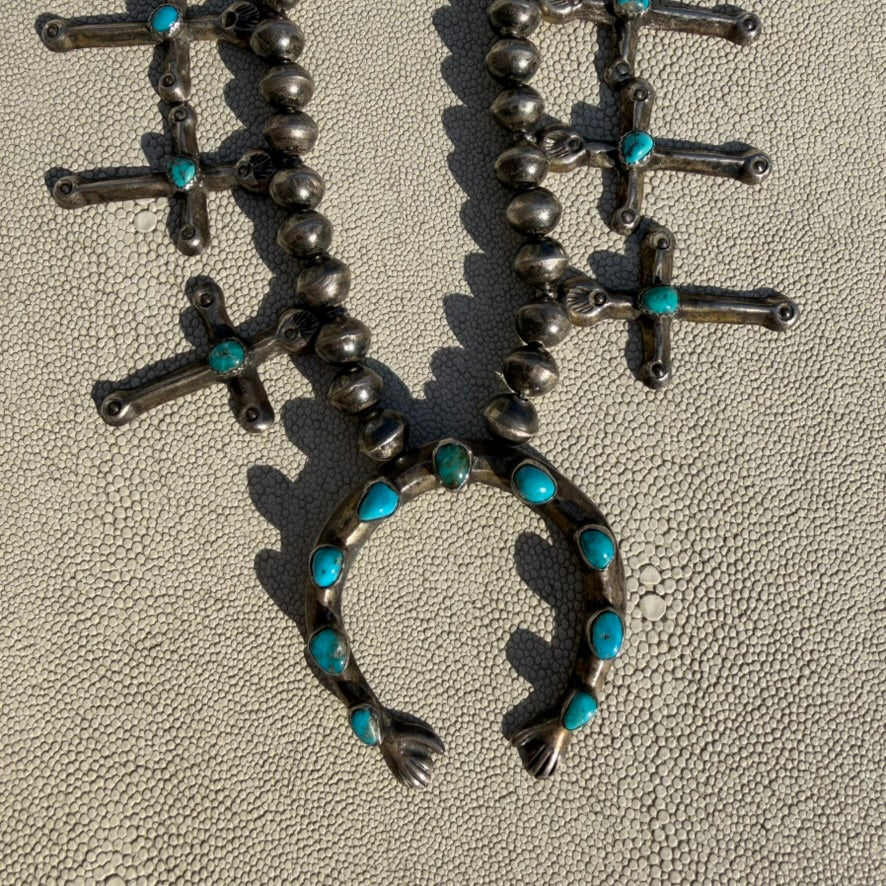 Vintage Sterling Silver and Turquoise Cross Squash Blossom Style Necklace Unsigned