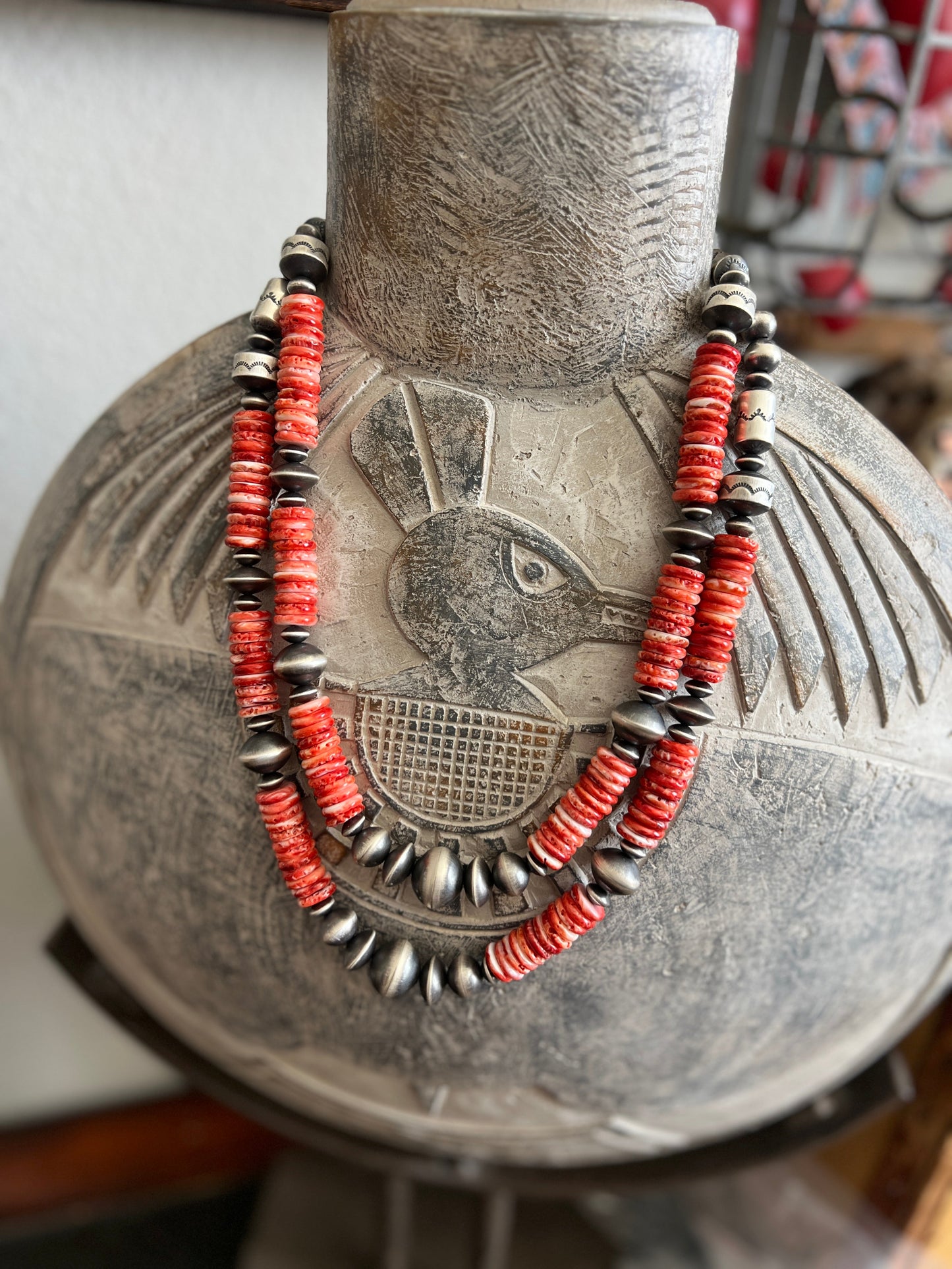Chunky Sterling Silver and Red Spiny Oyster Single Strand Beaded Necklace by Rose Martin, 22” + 1-1/2”