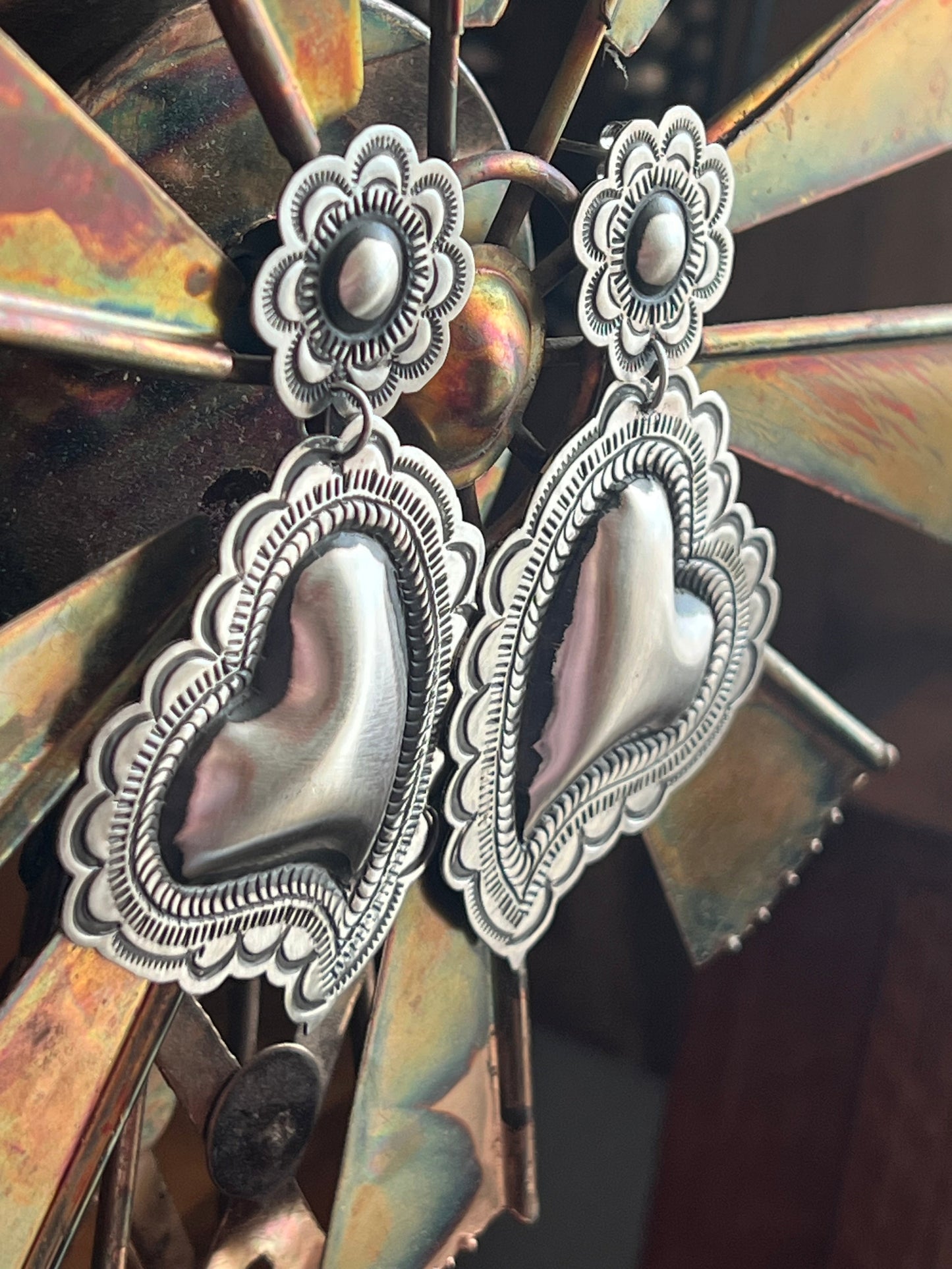 Handmade Navajo Sterling Silver Stamped Repousse Heart Earrings by Leander Tahe, AH1