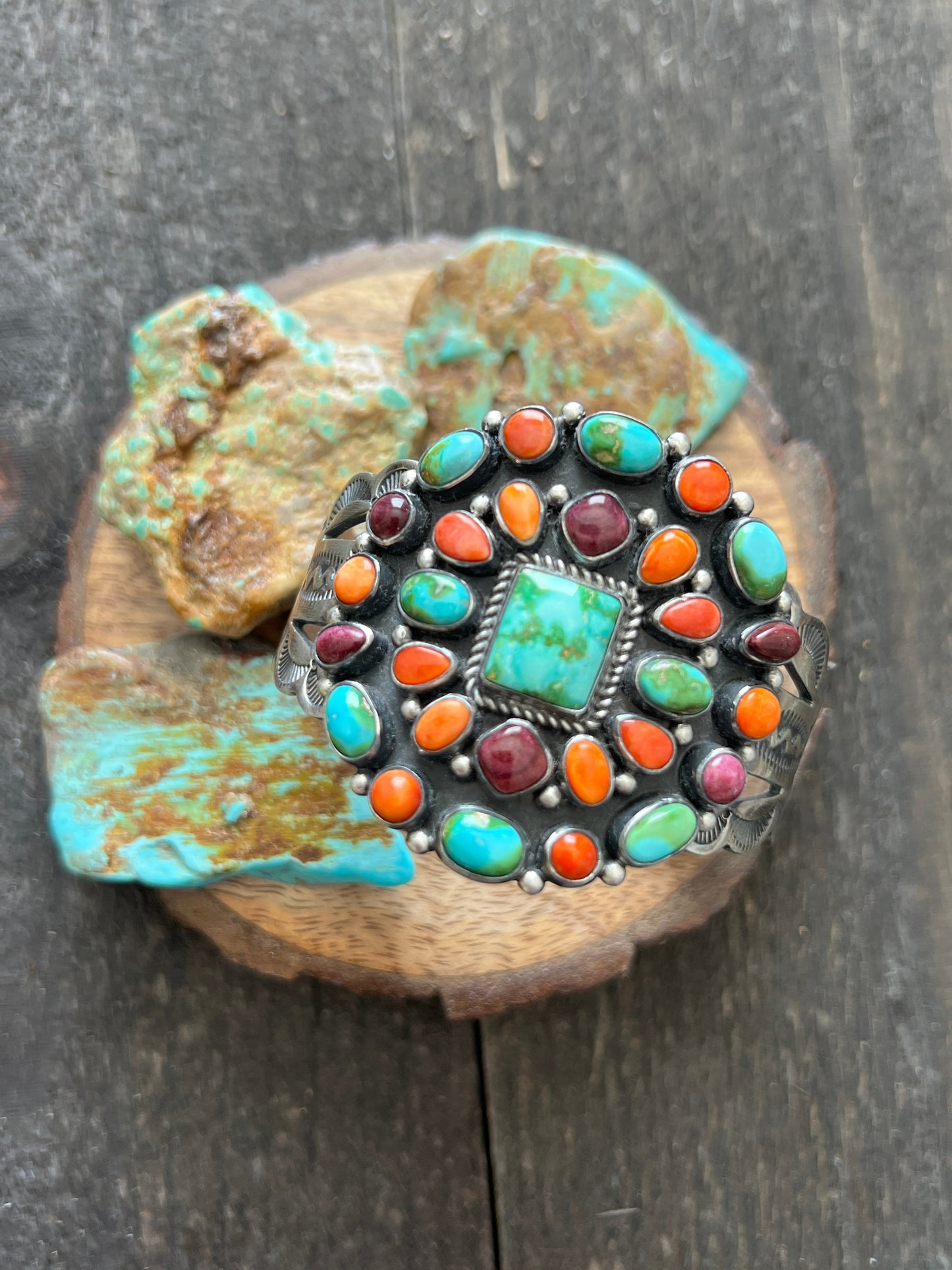 Navajo Sterling Silver Electric Rainbow Sonoran Turquoise and Spiny Oyster Cluster Cuff Bracelet by Murphy Platero