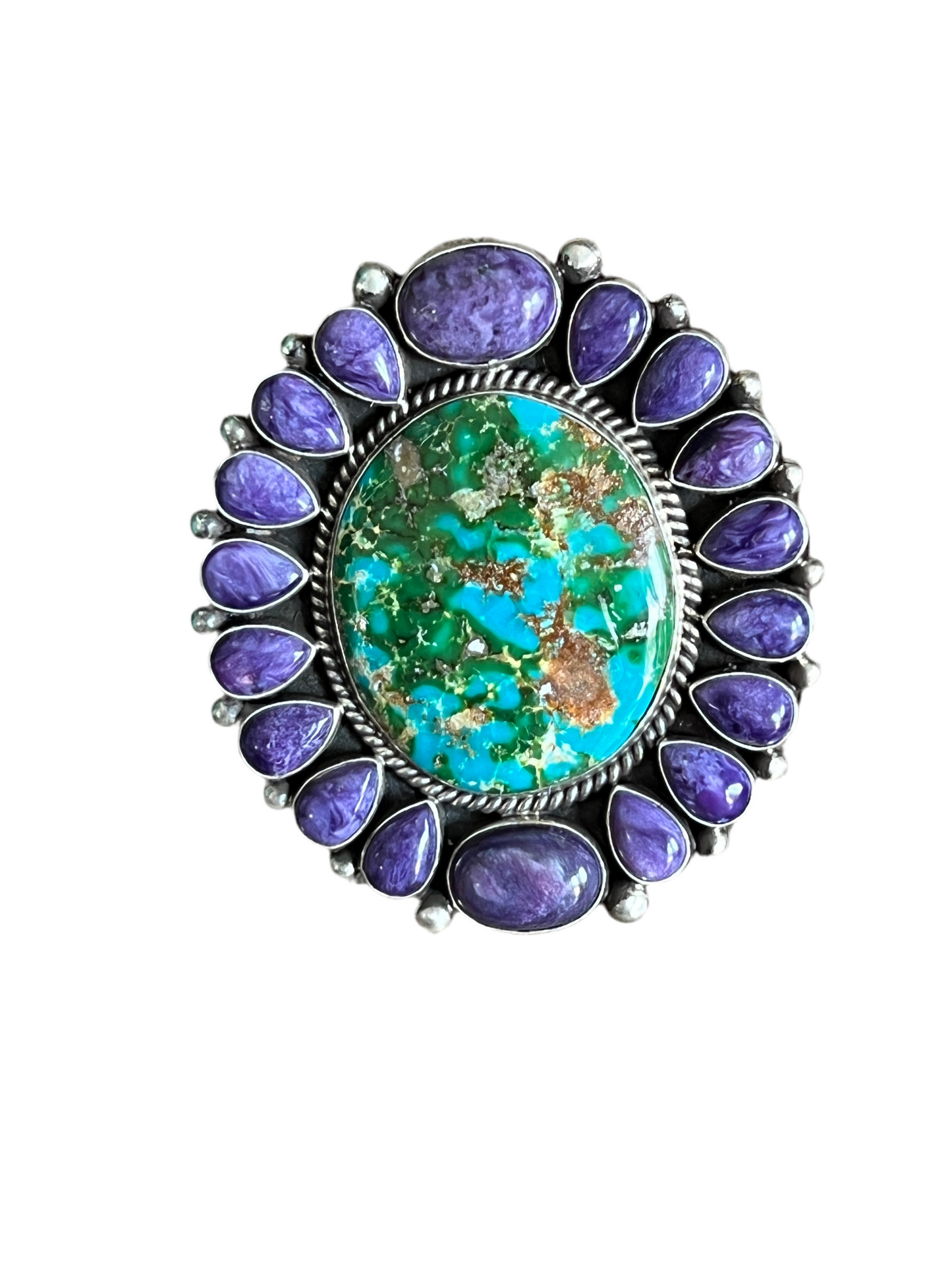 Navajo Sterling Silver, Sonoran Turquoise and Charoite Cluster Ring by Tyler Brown: Adjustable