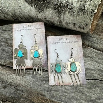 Native Made Turquoise and Sterling Silver Fringe Thunderbird Earrings by Vernon Begay