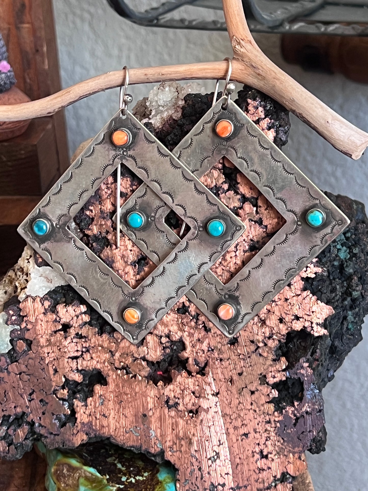 Kimari Somers Handcrafted Square Sterling Silver, Turquoise and Spiny Oyster Shell Earrings