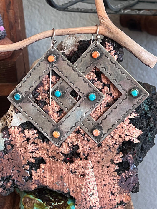 Kimari Somers Handcrafted Square Sterling Silver, Turquoise and Spiny Oyster Shell Earrings