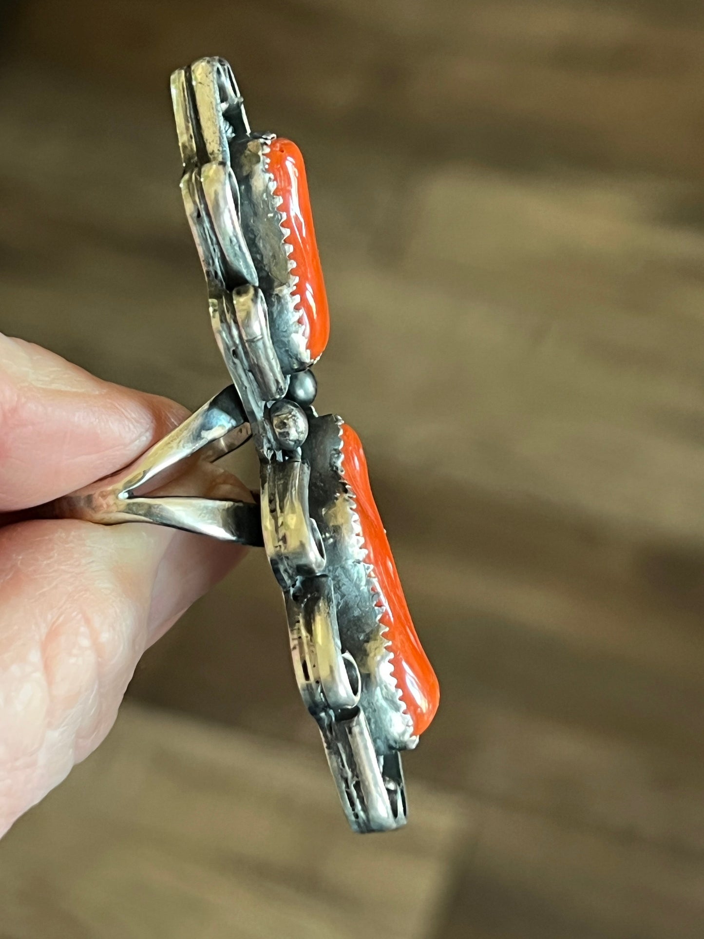 Navajo Stunning Vintage Sterling Silver and Mediterranean Coral Ring, Size 9.5