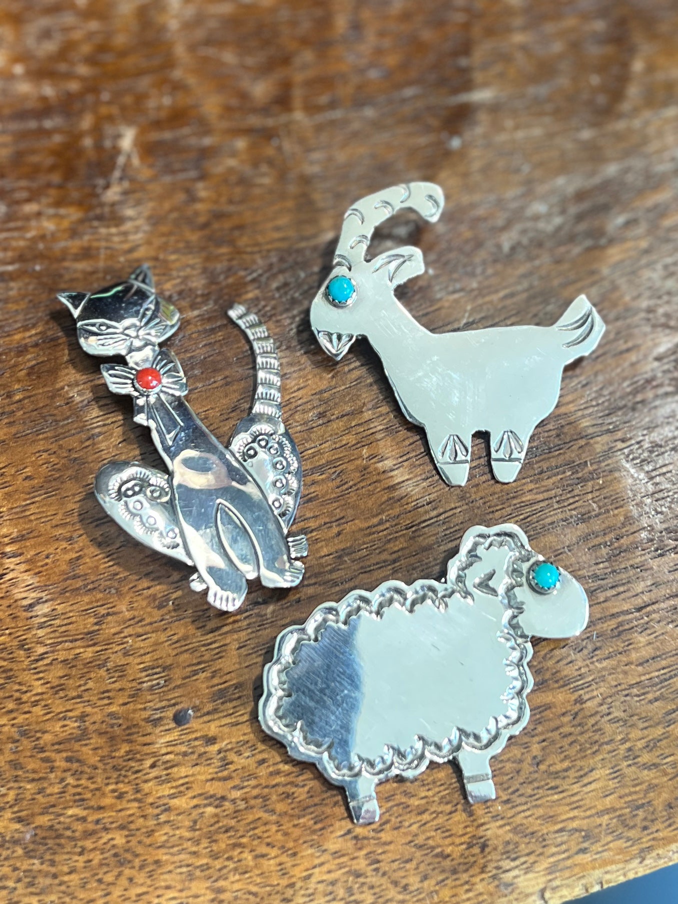 Native Crafted Sterling Silver Figural Animal Brooches: Cat, Sheep, Goat