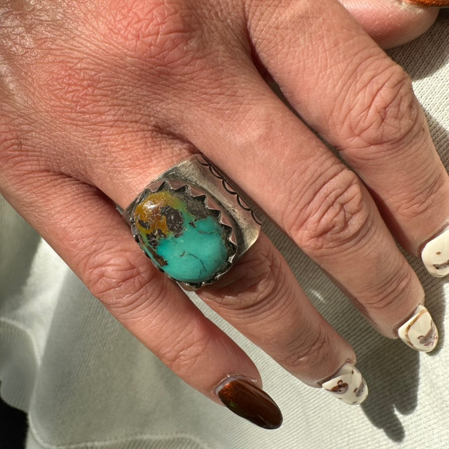Artisan Made Ingot Silver and Turquoise Cigar Band Ring by Jock Favour