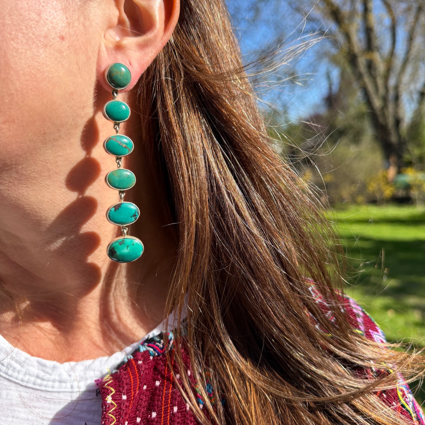 Sterling Silver Green Turquoise Shoulder Duster 6 Stone Earrings by Federico Jimenez