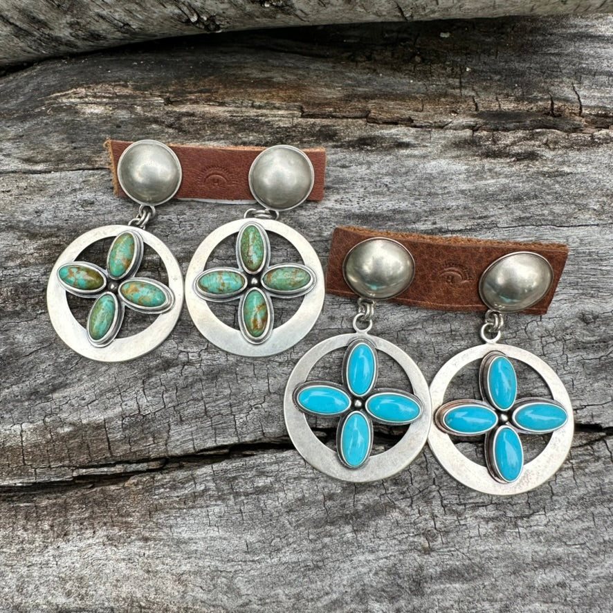 Artisan Made Sterling Silver and Blue Turquoise Four Directions Earrings by Dennis Hogan